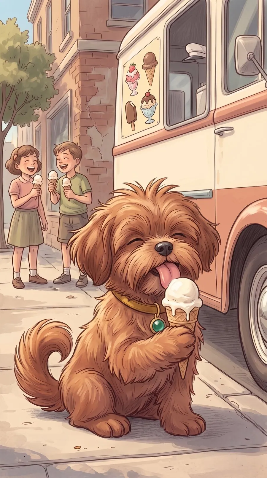 Lilly Ginger isst ein Glace vor dem Glacewagen