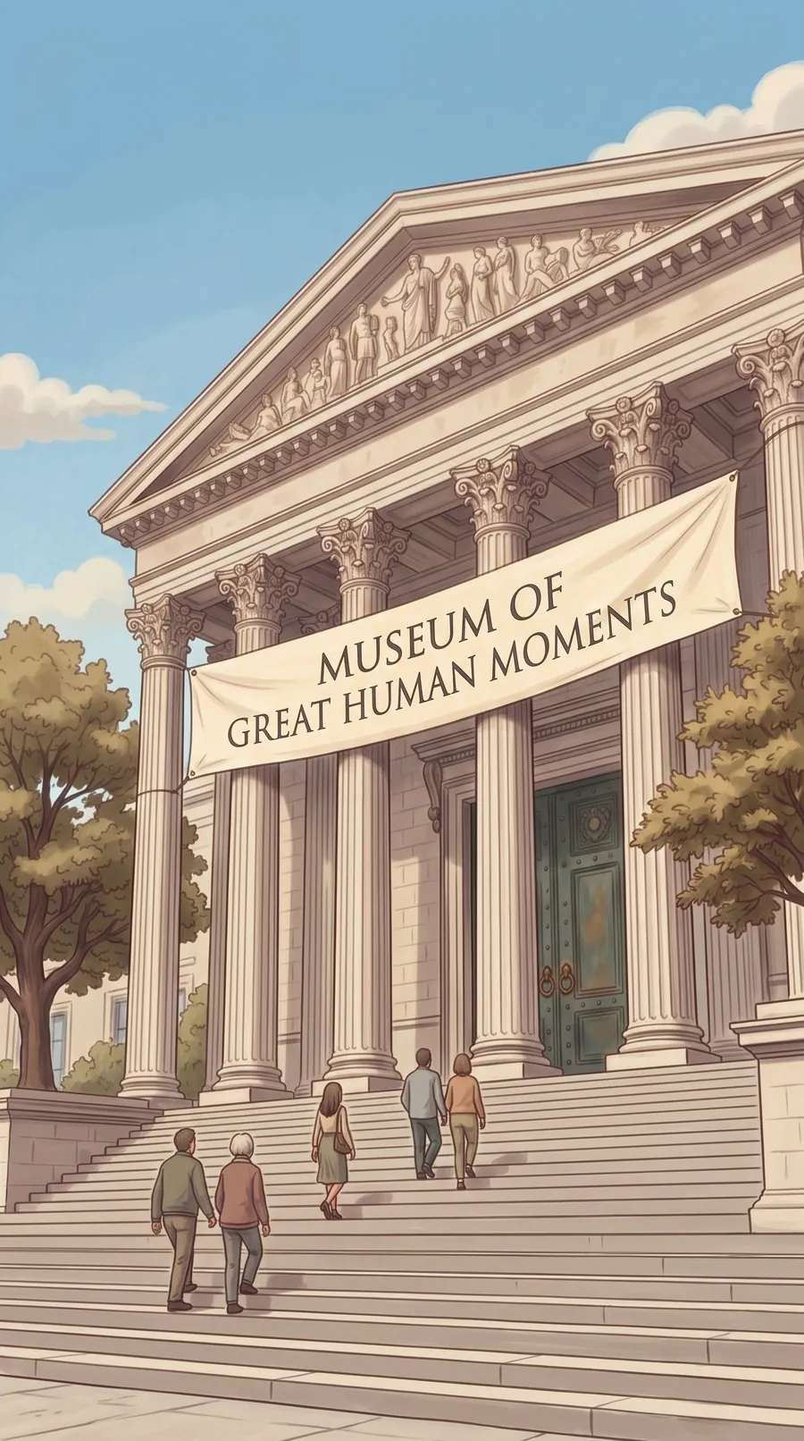 Museum of Great Human Moments, Eingang mit Banner